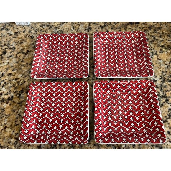 Pottery Barn Square Appetizer Plates Red Print Set Of 4 - Picture 2 of 7